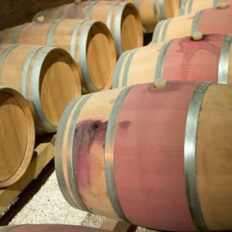 french winery with  wooden barrels in rows